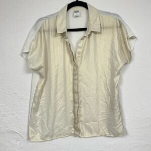 Vero Moda Gold Sparkle Short Sleeve Button Down Shirt Womens M Boxy Fit Slouchy